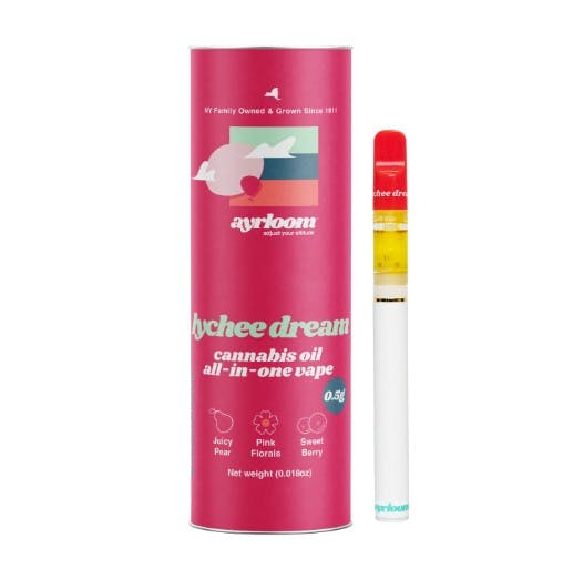 A pink Ayrlonn Lychee Dream cannabis oil vape pen stands beside its matching cylindrical packaging.