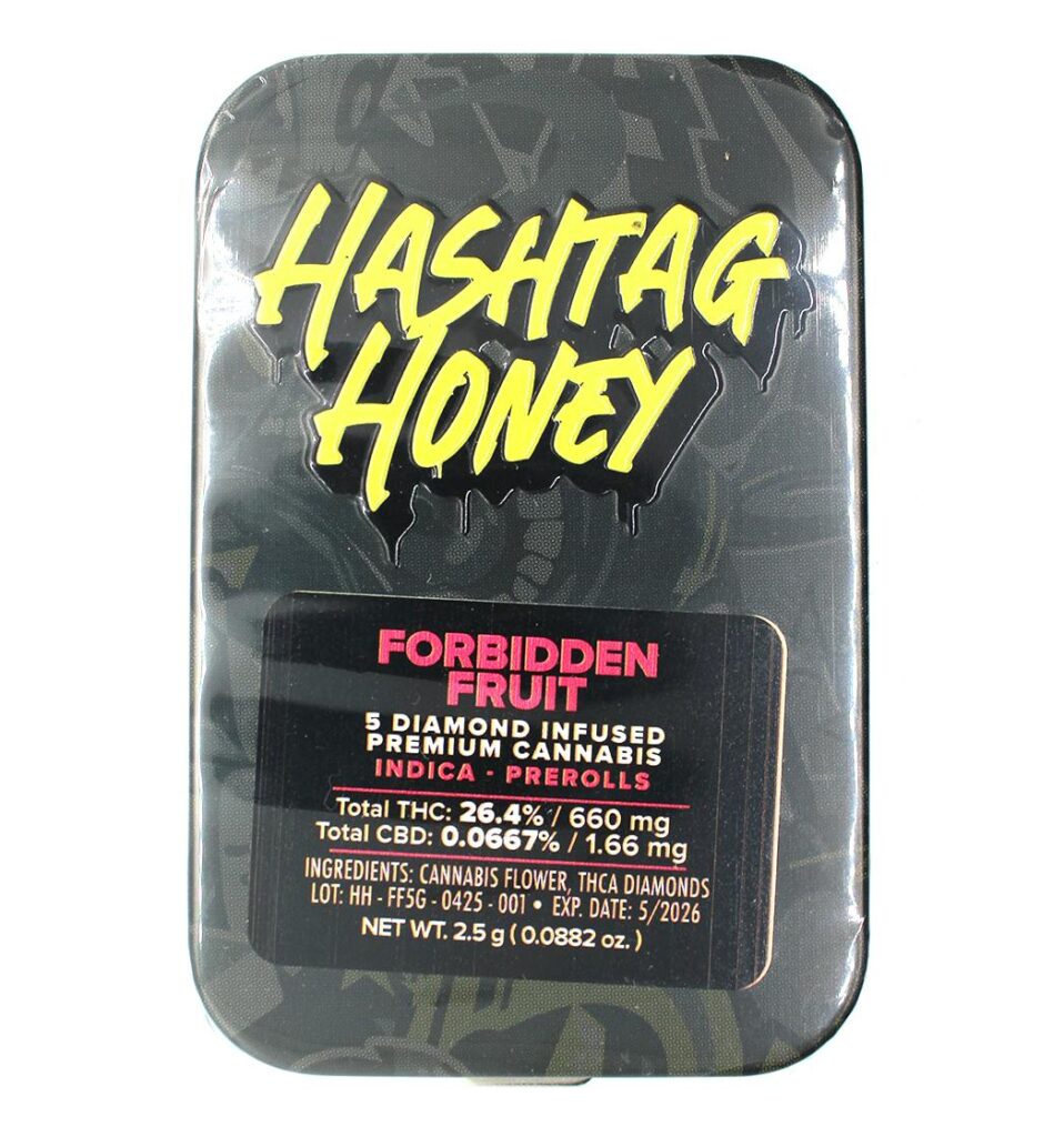 Rectangular tin labeled Hashtag Honey Forbidden Fruit cannabis prerolls, with product details and ingredients.