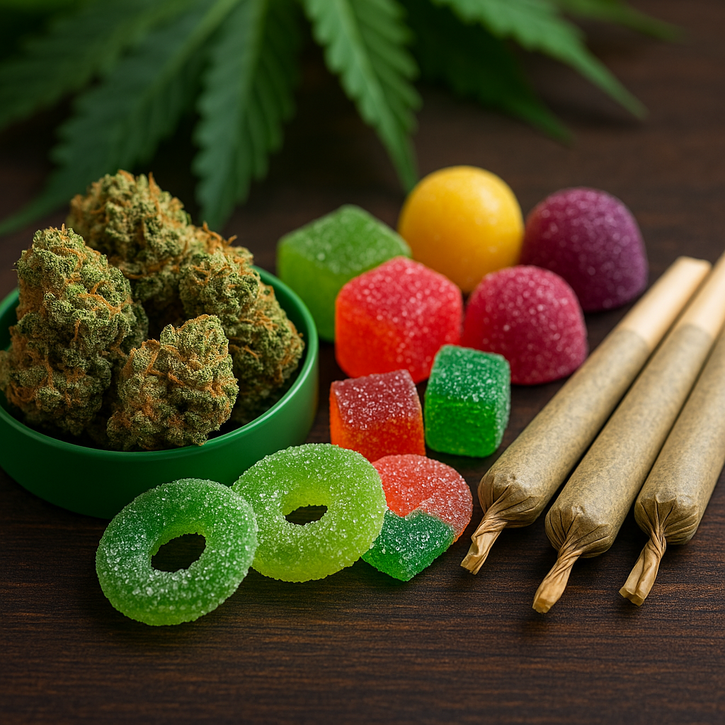 Cannabis buds, pre-rolled joints, and assorted colorful cannabis edibles on a wooden surface.