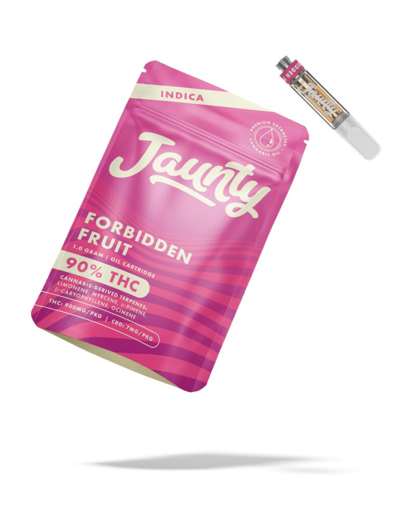 Pink Jaunty Forbidden Fruit vape cartridge package with cartridge beside it, labeled 90% THC, Indica.