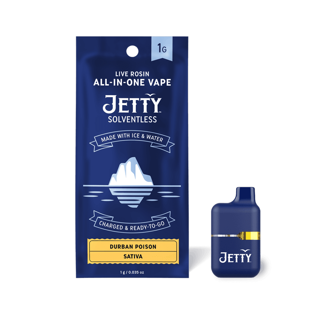 Blue Jetty vape packaging and device, labeled “Durban Poison Sativa” with iceberg graphic, highlights the bold potency of Durban Poison.
