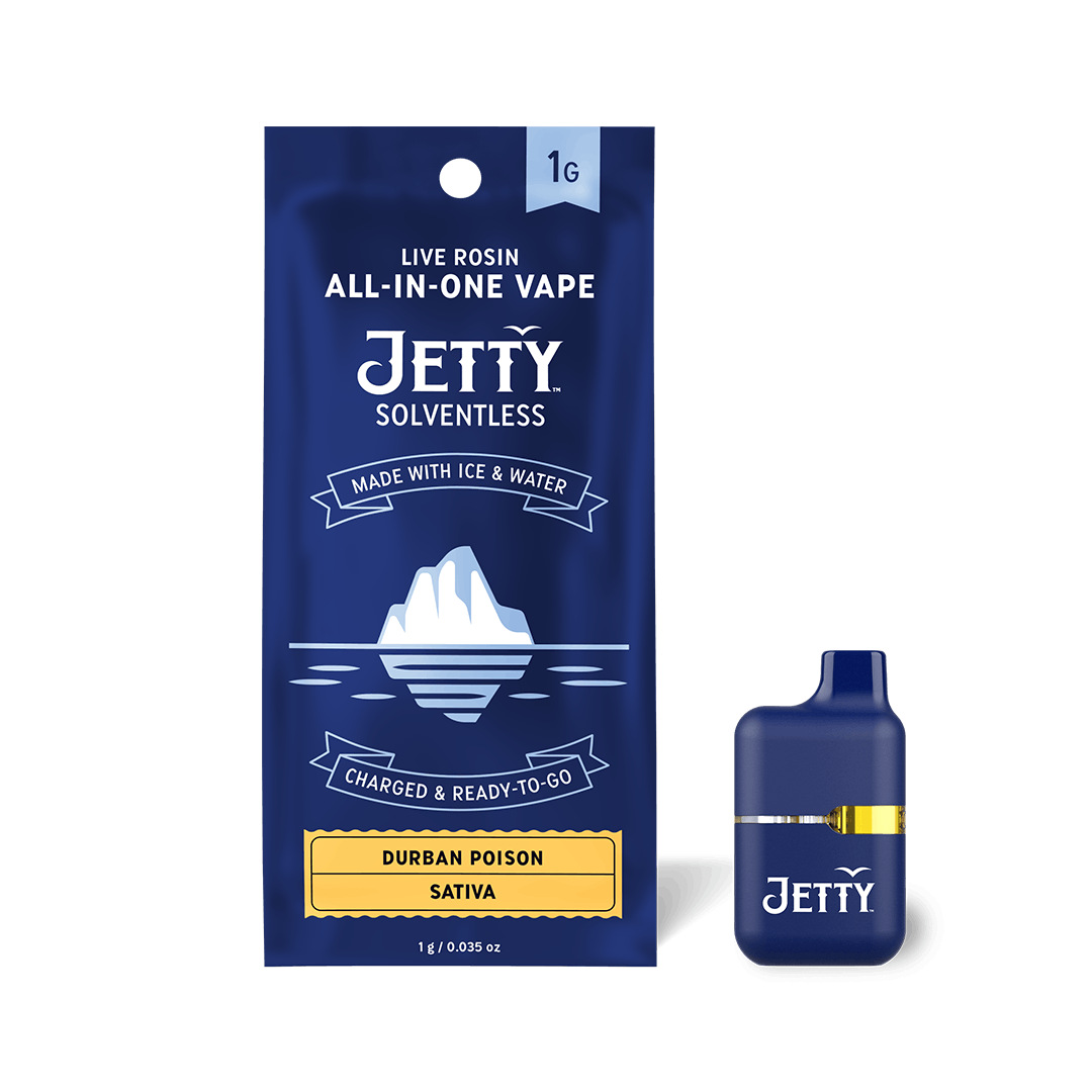 Blue Jetty vape packaging and device, labeled “Durban Poison Sativa” with iceberg graphic, highlights the bold potency of Durban Poison.
