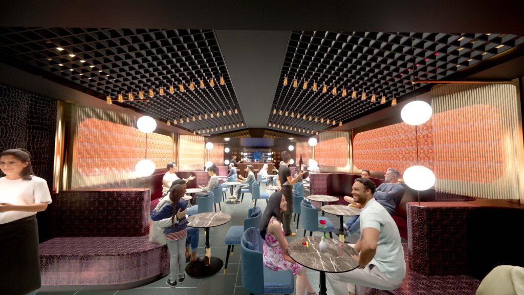 Modern lounge with people socializing at tables, dim lighting, and geometric ceiling panels above—discover what is a cannabis lounge and where to find one in this inviting, contemporary setting.