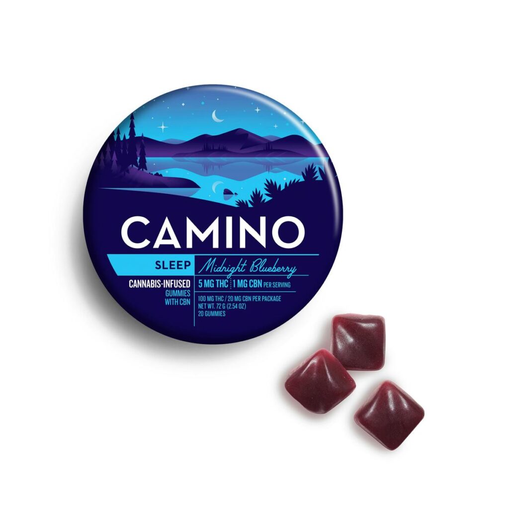 Round container labeled Camino Sleep with three dark purple gummies beside it.