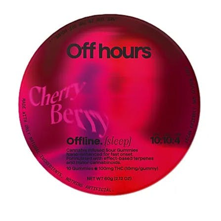 Round, red tin labeled Off Hours Cherry Berry Offline (sleep) cannabis gummies with product details—one of the Best Cannabis Gummies for Sleep in NYC.