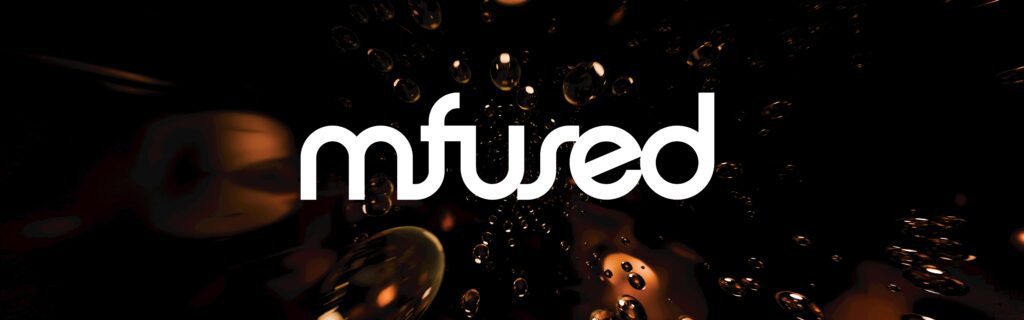 The word Mfused in white text appears over a dark background with floating bubbles, creating a sleek and modern visual.