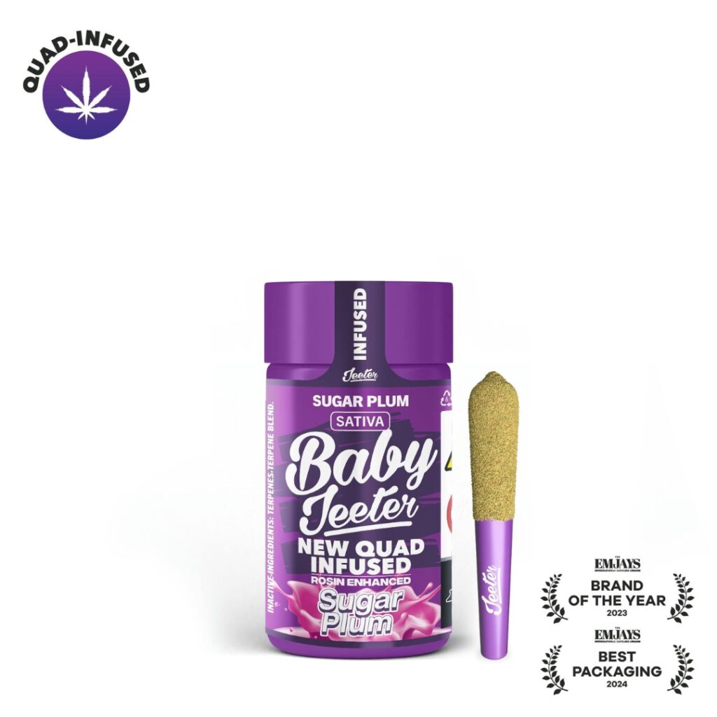 Purple Baby Jeeter Sugar Plum jar and infused pre-roll, featuring award badges, quad-infused icon, and premium PGR weed for an elevated experience.