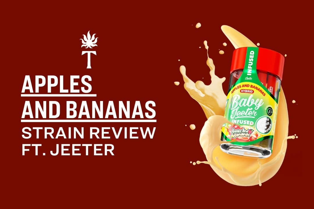 A Baby Jeeter Apples and Bananas jar splashing on a red background with review text on the left.