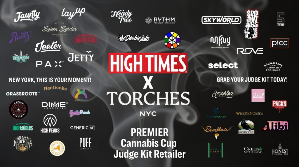A collage of cannabis brand logos featuring the High Times Cannabis Cup Judge Kit Retailer text alongside High Times x Torches in the center.