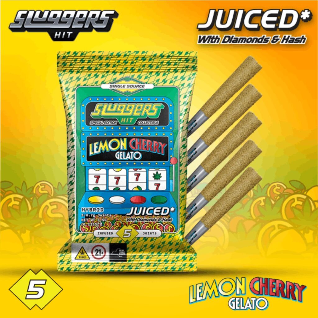 Colorful package of Sluggers Lemon Cherry Gelato pre-rolls with five gold joints shown beside the bag.