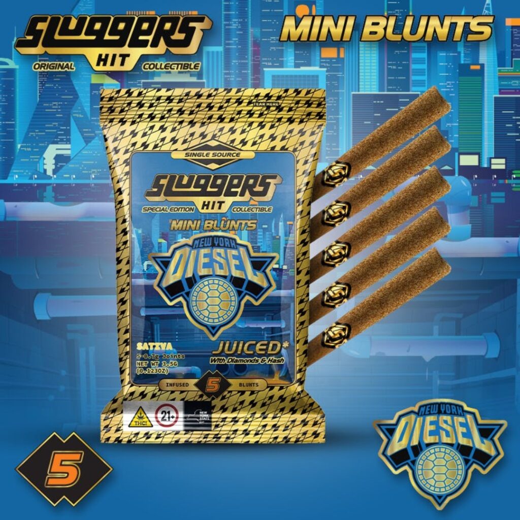 A pack of Sluggers Hit New York Diesel mini blunts with five mini blunts displayed next to the package.