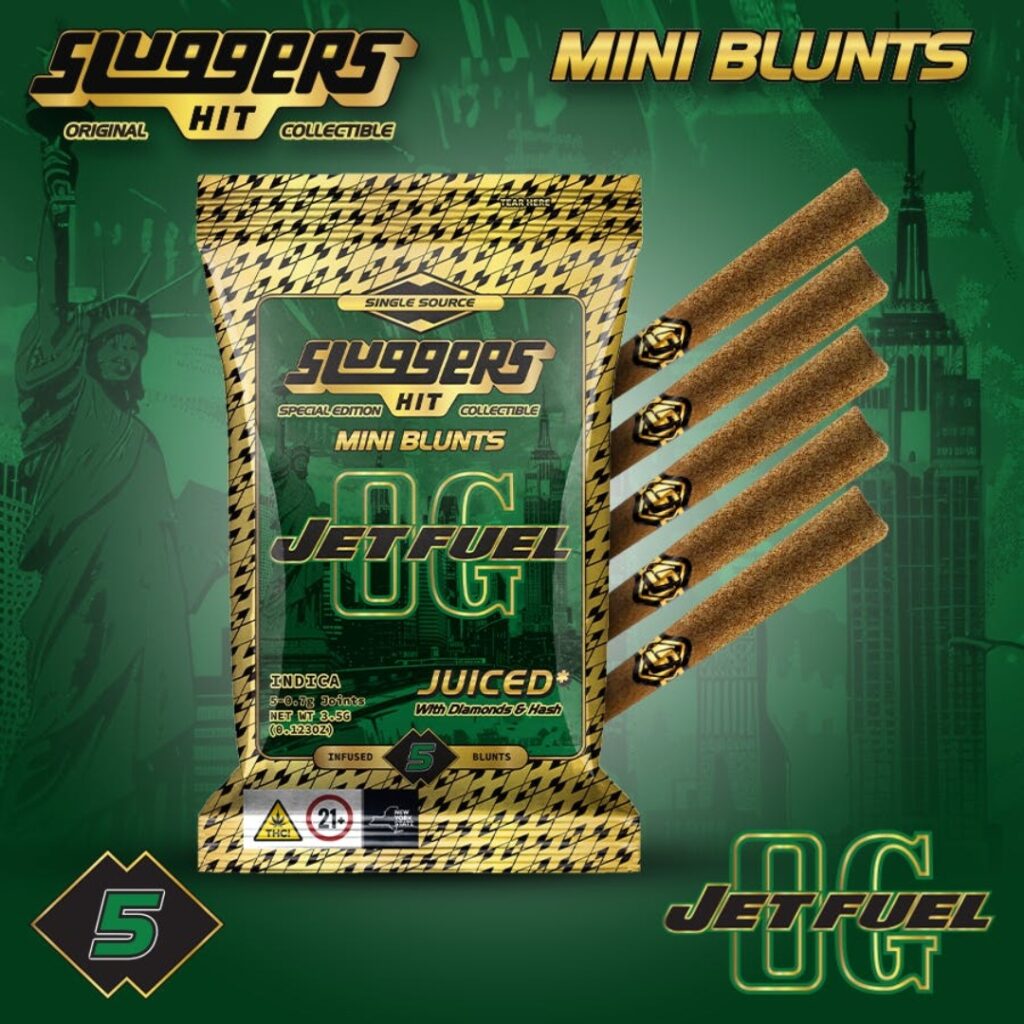 A pack of Sluggers Hit Jet Fuel OG mini blunts with four blunts and bold gold and green branding.
