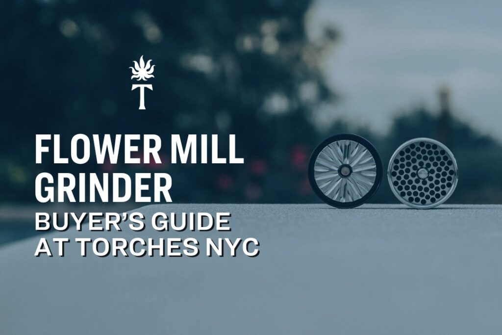 Two parts of a Flower Mill Grinder rest on a table with text: “Flower Mill Grinder Buyer’s Guide at Torches NYC.”.