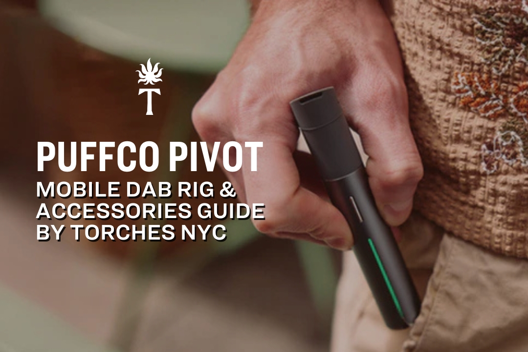 Hand holding a Puffco Pivot device near a pocket, with product guide text overlay.