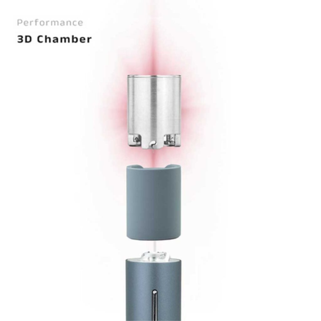 Silver 3D chamber hovers above a gray device, emitting a red glow, with text Performance 3D Chamber.