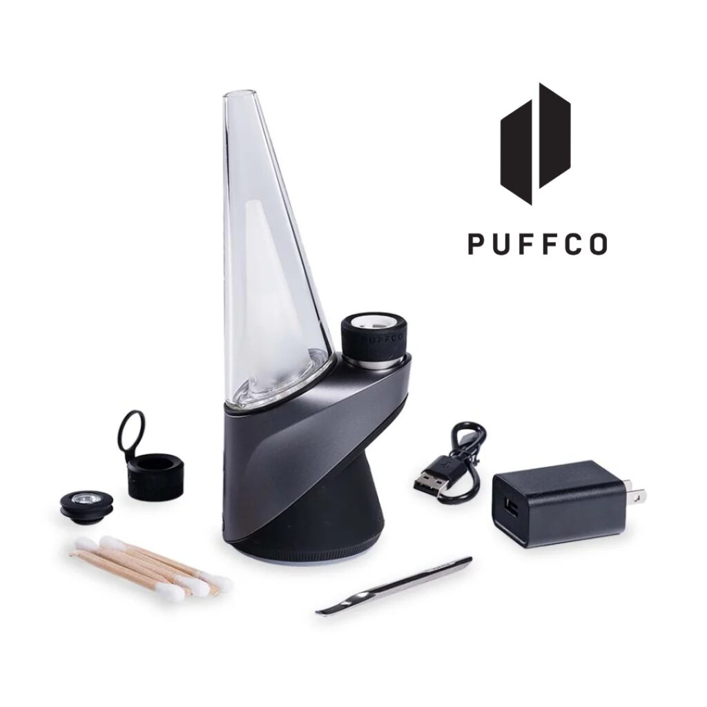 Puffco vaporizer kit with accessories: charger, tool, cotton swabs, and logo on a white background.