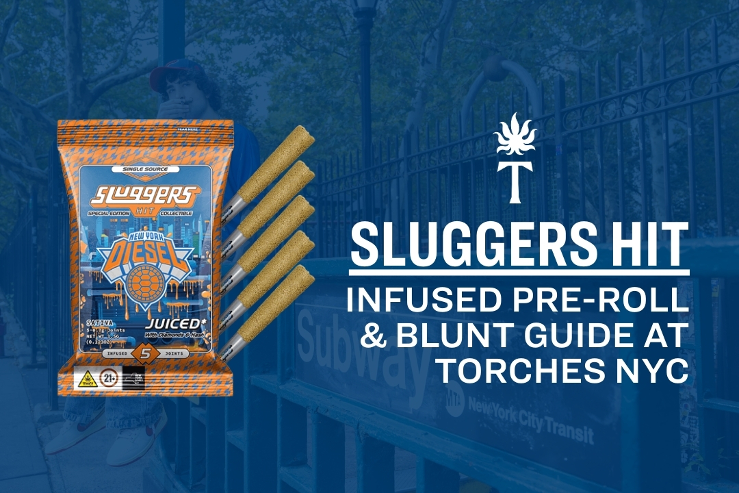A Sluggers Hit infused pre-roll pack and blunts on a stylized NYC subway background with bold text.