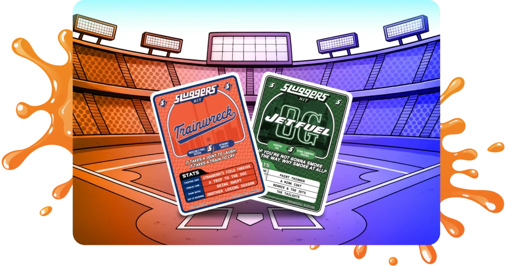 Two illustrated baseball cards, Trainwreck and Jetfuel OG, displayed on a colorful stadium background.