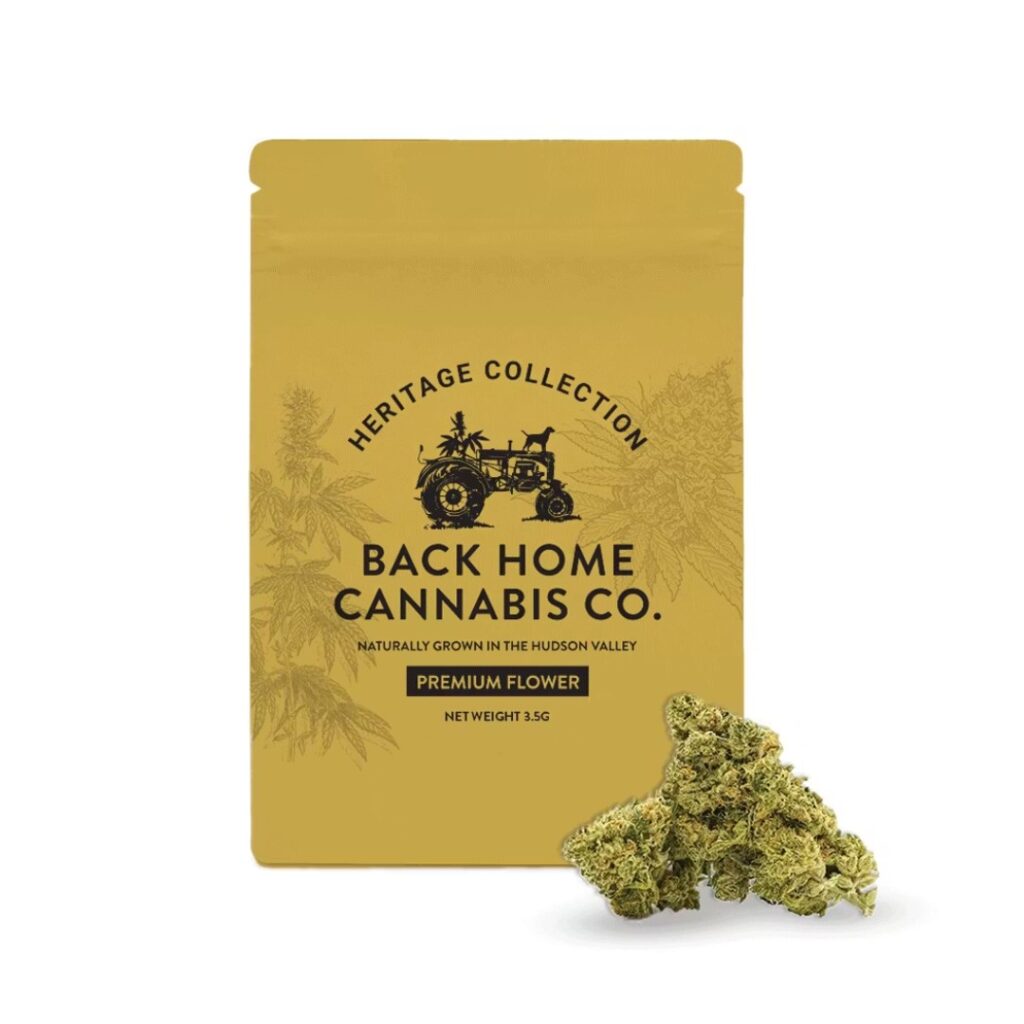 A yellow pouch labeled Back Home Cannabis Co. with Maui Wowie Strain cannabis buds displayed in front.