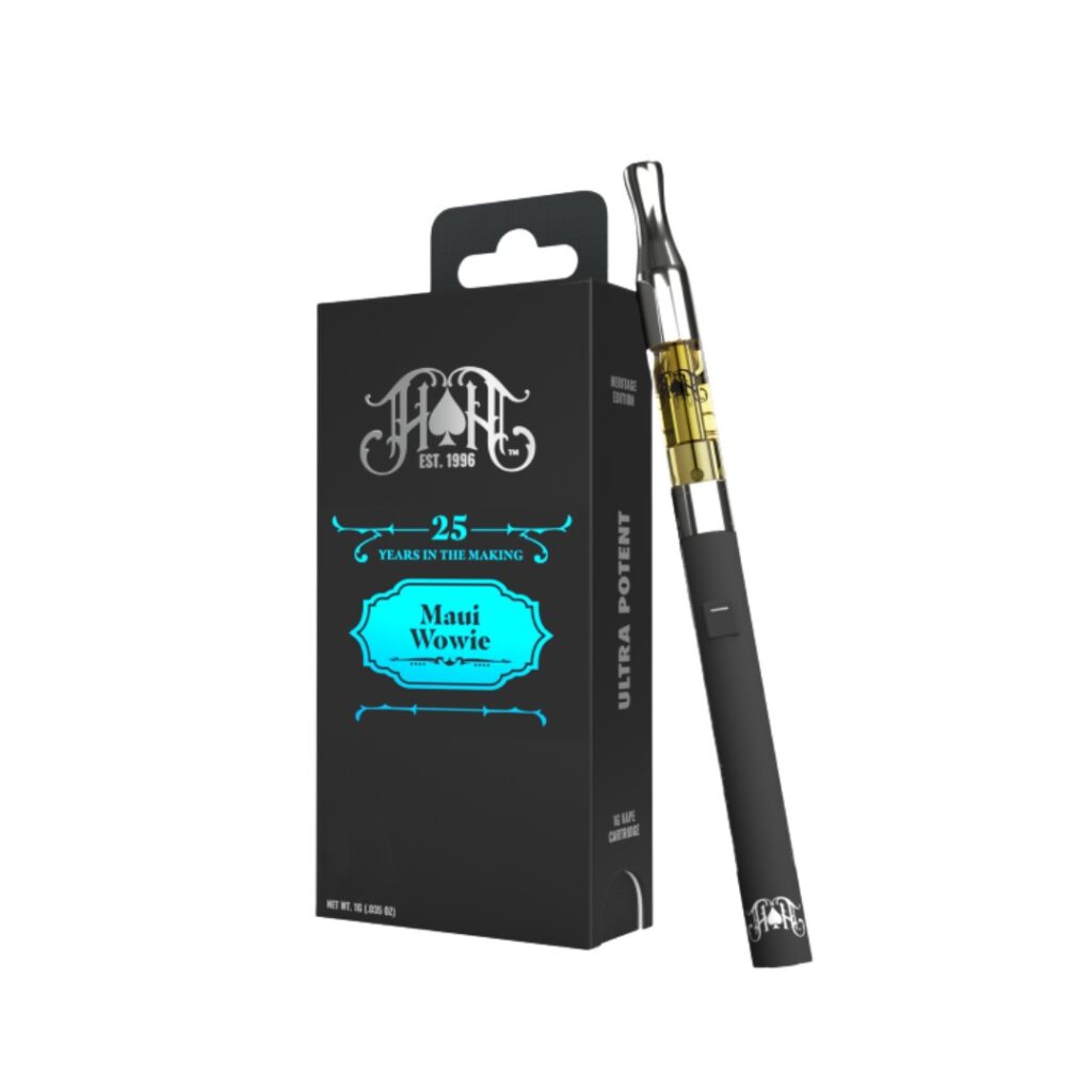 Black vape pen and black cartridge box labeled Maui Wowie Strain, featuring bold blue and white text and a sleek design.