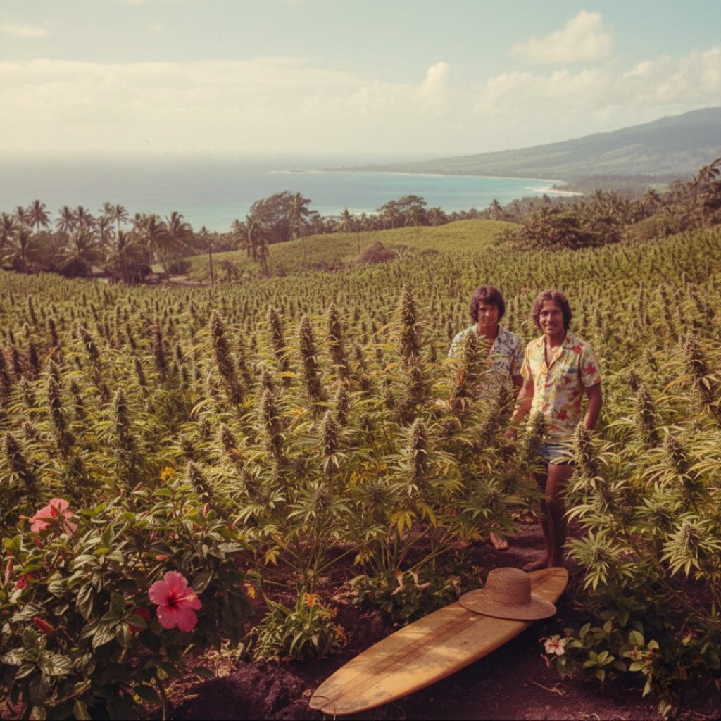 Two people stand among Maui Wowie Strain cannabis plants with a surfboard and hat, overlooking the ocean and mountains.