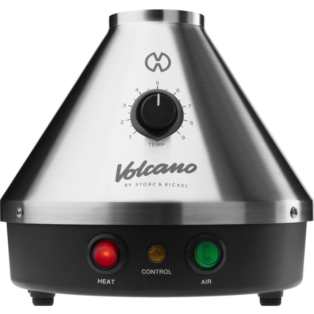 Stainless steel Storz and Bickel Volcano vaporizer with temperature dial and red, yellow, and green control lights.