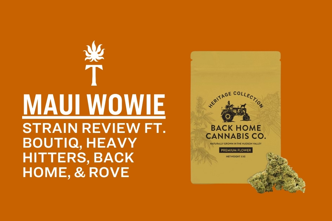 Maui Wowie Strain review with a Back Home Cannabis Co. package and vibrant cannabis buds displayed on an orange background.