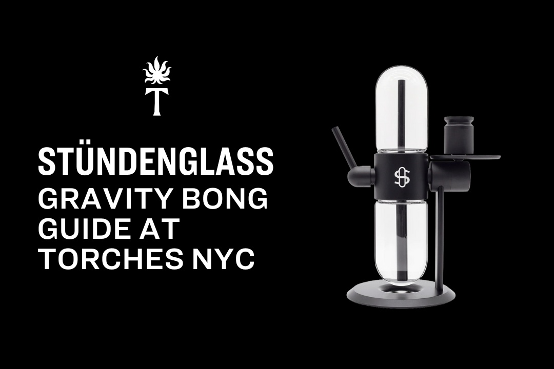A Stündenglass gravity bong with text: Gravity Bong Guide at Torches NYC on a black background.