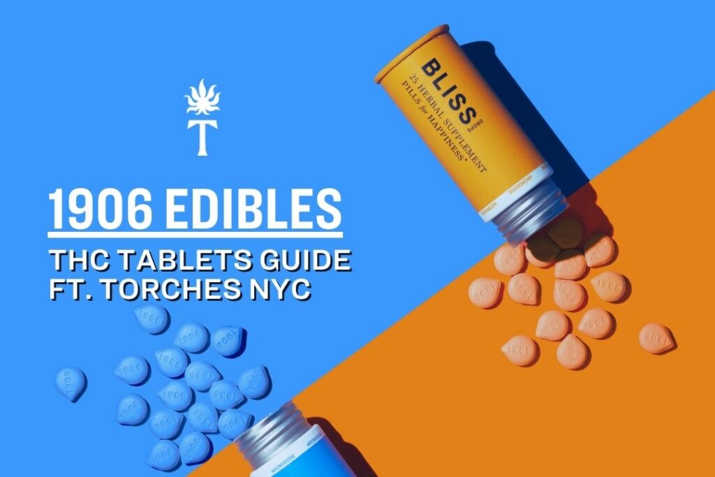Two bottles of THC tablets spilled on a blue and orange background, featuring text about the 1906 Edibles THC Tablets Guide from 1906 edibles.