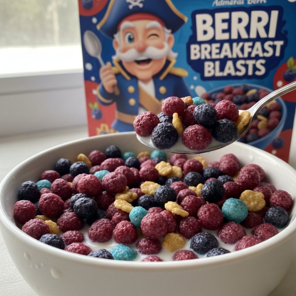 A bowl of colorful cereal with milk, and a spoonful held up, in front of a Berri Breakfast Blasts cereal box—reminiscent of the vibrant hues found in the Crunch Berries strain.