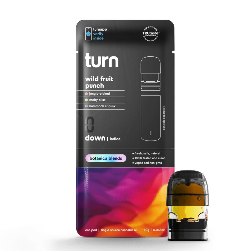 A Turn Pods cannabis vape pod and its packaging labeled wild fruit punch, featuring product details and icons.