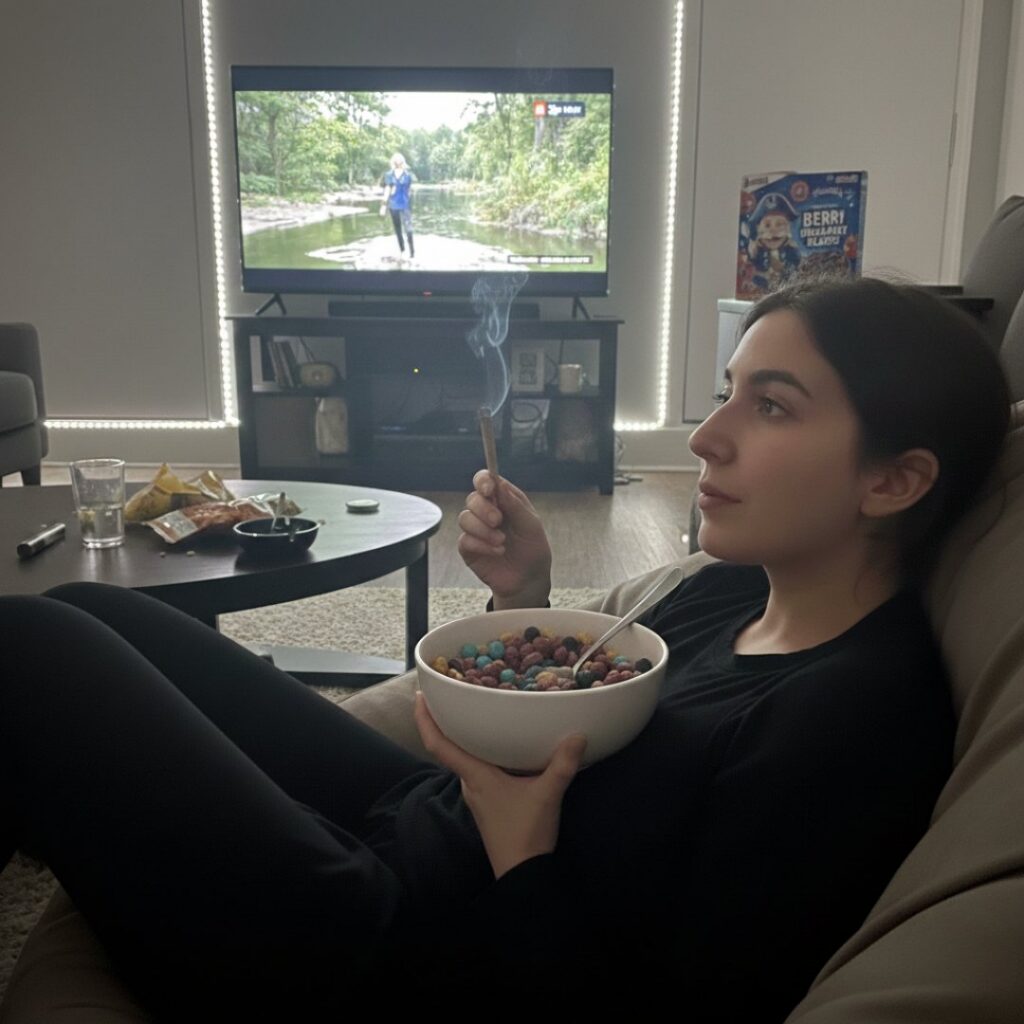 A person sits on a couch with cereal and incense, watching TV in a dimly lit living room, relaxing after enjoying the Crunch Berries strain.