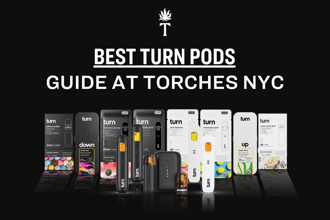 A lineup of Turn Pods vape products displayed under the text “Best Turn Pods Guide at Torches NYC.”.