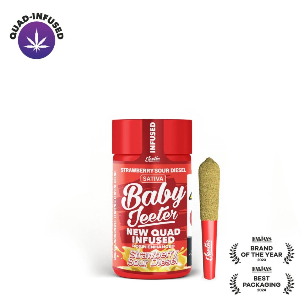 A Baby Jeeter Strawberry Sour Diesel joint and container, perfect for a wake and bake, with cannabis and award icons on a white background.