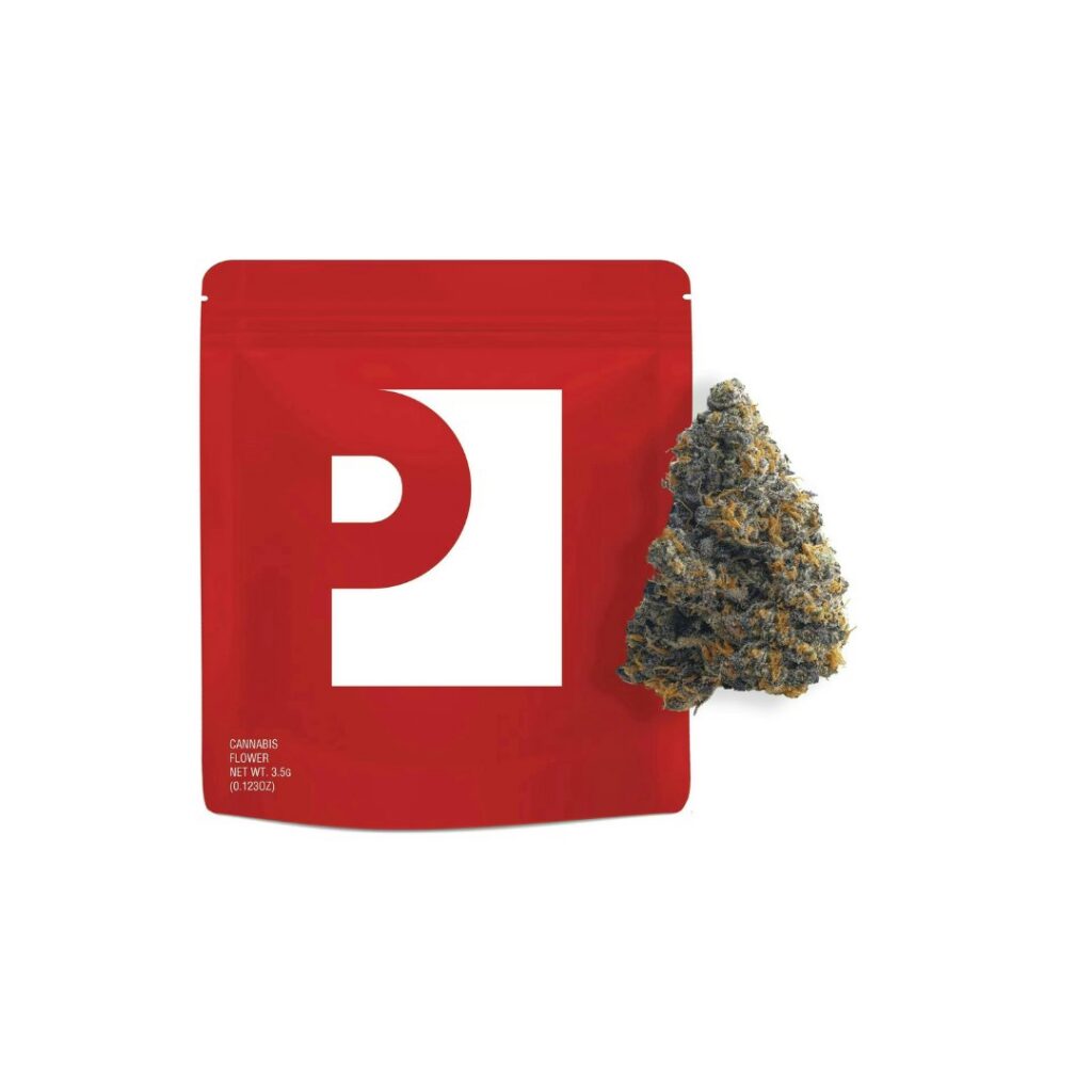 Red cannabis packaging with a white P sits next to a cannabis bud on a white background—perfect for your next wake and bake session.