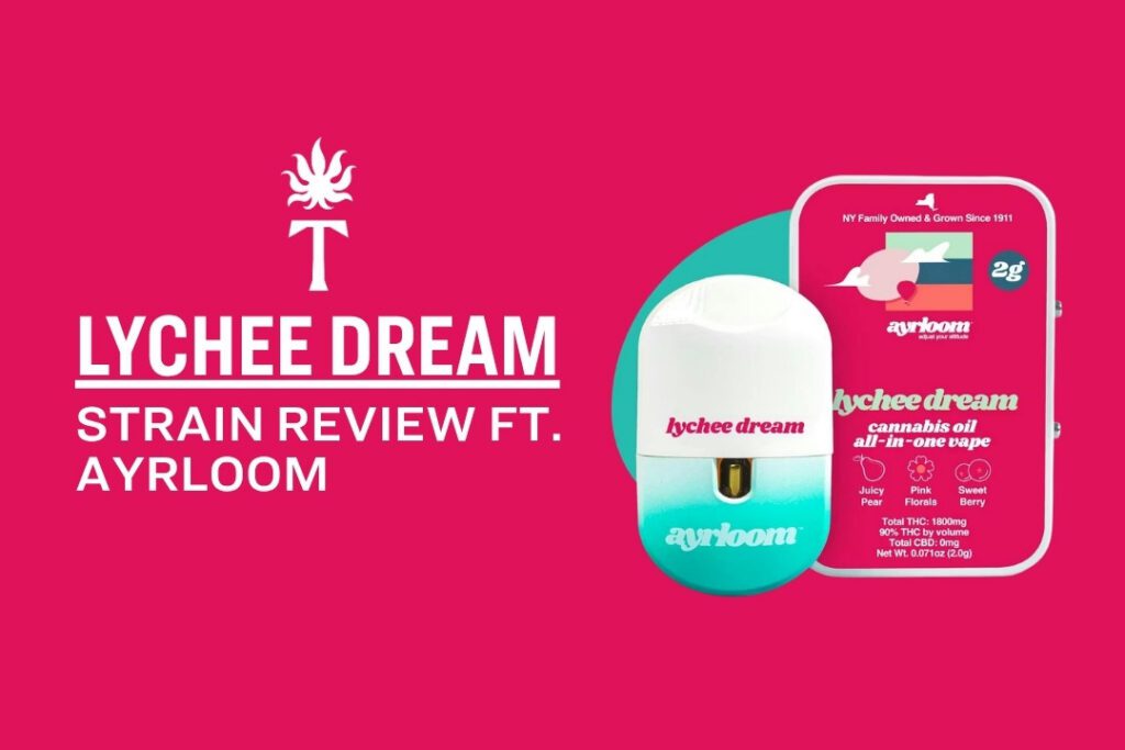 Lychee Dream Strain cannabis vape review with Ayrloom branding on a bright pink background.