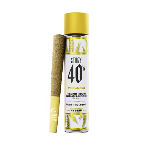 A STIIIZY 40s Strawnana cannabis-infused pre-roll and tube container with signature yellow accents, showcasing the bold STIIIZY branding.