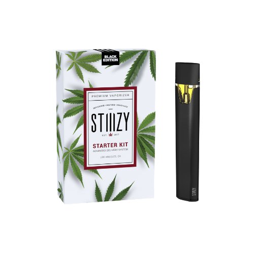STIIIZY vaporizer starter kit box with a cannabis leaf design, featuring a sleek black STIIIZY vape pen beside it.