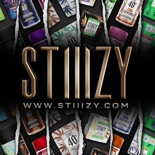 STIIIZY logo with www.stiiizy.com, surrounded by various STIIIZY cannabis product packages.