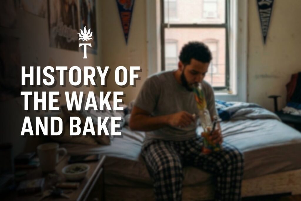 A man in pajamas sits on a bed using a bong; text reads The wake and bake tradition through history.