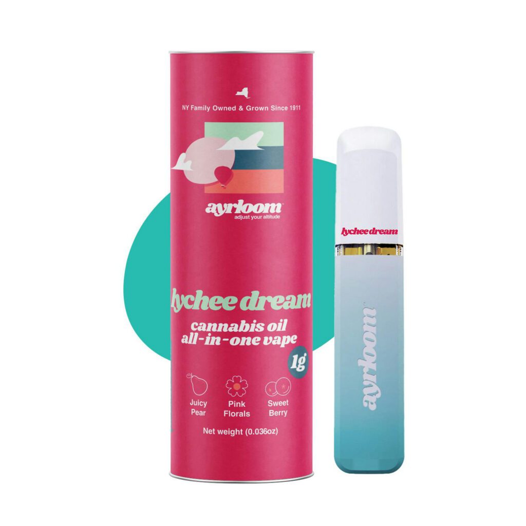 Ayrloom lychee dream cannabis oil vape pen and packaging with pink and teal design.