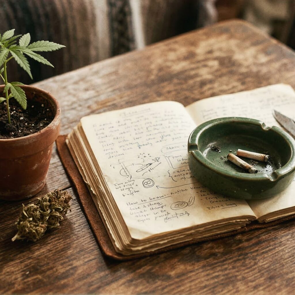 An open notebook with handwritten notes, an ashtray with cigarette butts, and a potted plant on a wooden table.