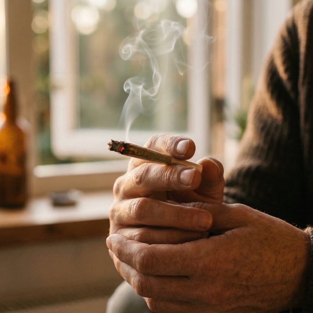 A person holding a lit joint indoors with smoke rising from the tip, window blurred in the background.