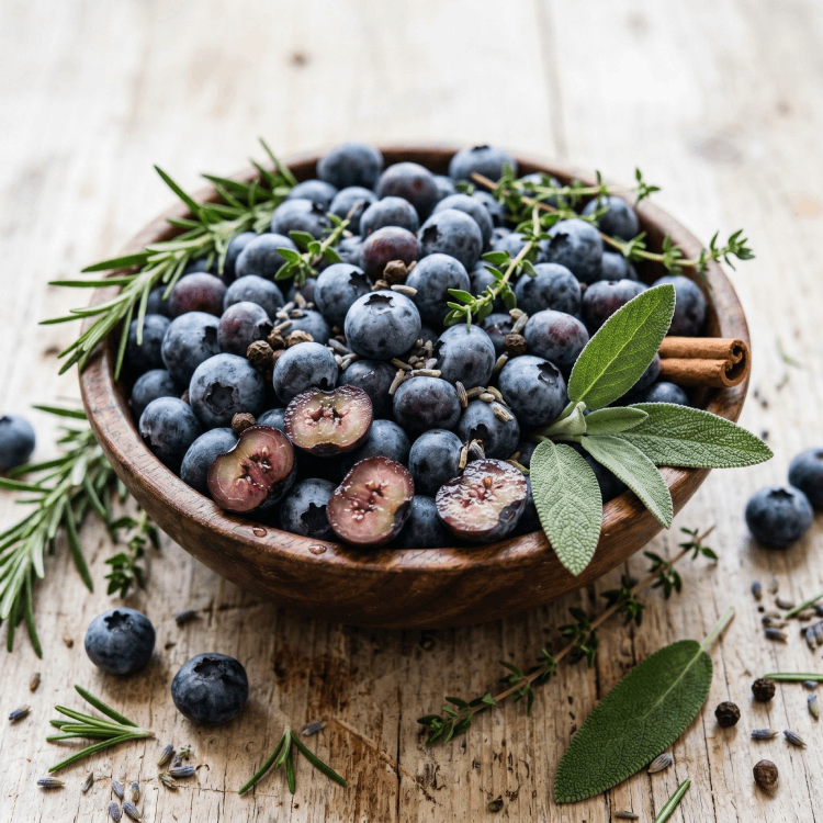 A wooden bowl filled with blueberries, herbs, and a cinnamon stick on a rustic wooden table.