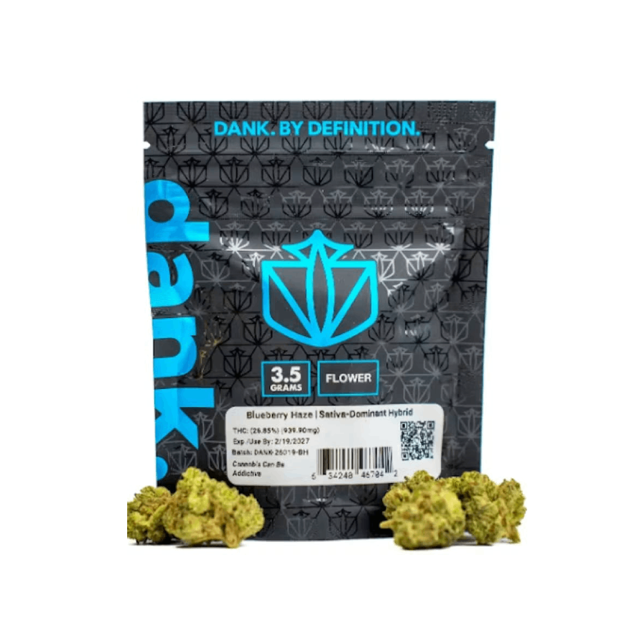 A black and blue cannabis flower bag labeled Dank with buds in front, containing 3.5 grams of Blueberry Haze.