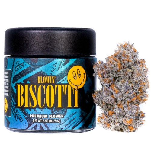 A jar labeled Biscotti Premium Flower from Connected Cannabis sits beside a frosty, orange-tinged cannabis bud.
