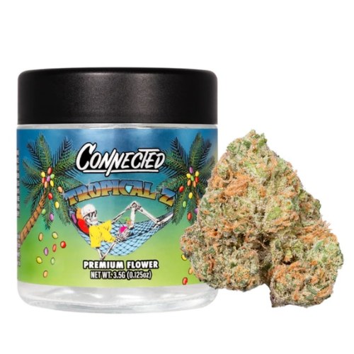 Jar labeled Connected Cannabis Tropical premium flower with cannabis buds beside it and a vibrant, tropical-themed label.