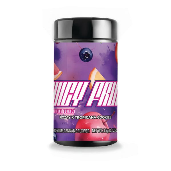 A jar labeled Juicy Pink, decorated with fruit images, contains premium cannabis flower from the juicy fruit strain.