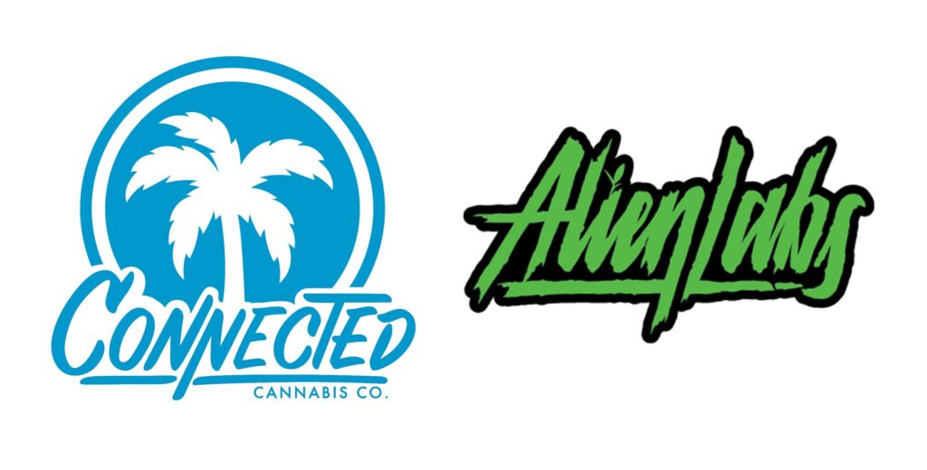 Connected Cannabis Co. blue palm tree logo pairs with Alien Labs' green graffiti-style text on a white background, highlighting the Connected Cannabis brand.