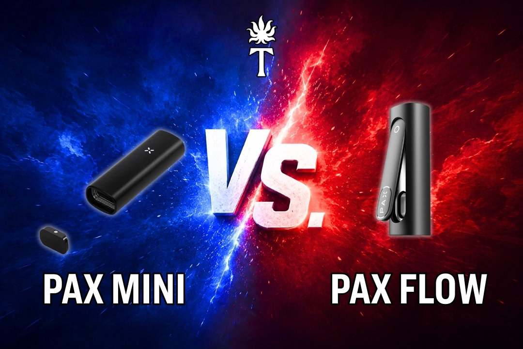 PAX Mini vs. PAX Flow devices on a blue and red split background with bold comparison text.